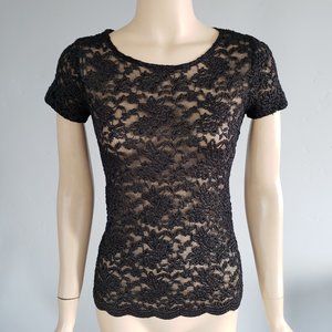 Forever 21 Black & Gold Lurex Sheer Floral Lace Top Small NWT